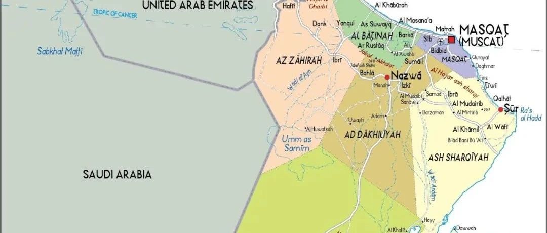 19世纪阿拉伯海洋帝国：阿曼与马斯喀特（Muscat）、塞拉莱（Salalah）、尼兹瓦（Nizwa）地图